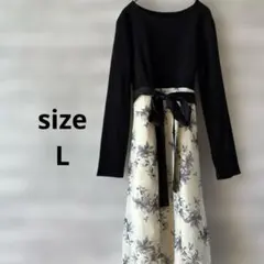 美品　異素材ロングワンピース　リブ編み　花柄　シアー素材　長袖　春夏　L