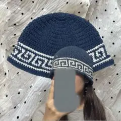 クラッシャーハット 黒 ブラック ビーニー クロシェハット ハンドメイド帽子