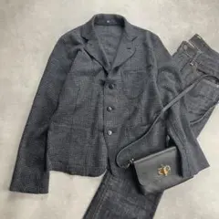 美品　45R ジャージフラノ千鳥ジャケット ウール素材　ネイビー系