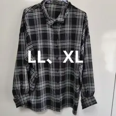 LL大きいサイズ黒白チェック柄長袖シャツ