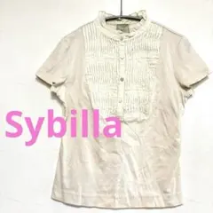 ★シビラSybillaライトベージュスタンドカラー変形ピンタックフリルブラウスMのサムネイル