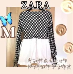 ZARA ギンガムチェック Mサイズ ドッキング ブラウス ペプラム シャツ