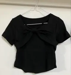 リボンデザイン 半袖トップス ブラック スクエアネック