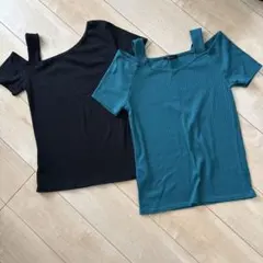リブ編みオフショルダーTシャツ 2色セット