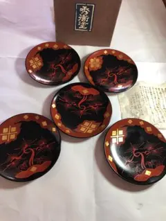 鈴木表朔 朱塗絵一閑塗 丸折敷 五客 共箱 漆塗り 木製 漆器 茶道具