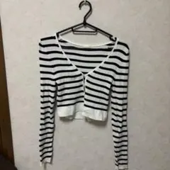 白黒ストライプ長袖クロップドカーディガン GU