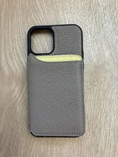 【美品】本革 レザー iPhone12ケース　グレー　イエロー　カードポケット付