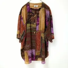 YONPER マルチカラー パッチワーク 五分袖チュニック 軽量　ボタン付き