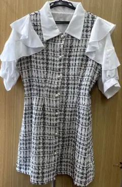 ツイード風 ワンピース Mサイズ フリル袖 パールボタン 清楚 ガーリー