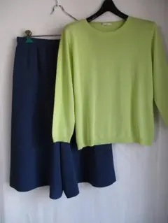 2点セット　春夏ニット　長袖　イエロー　キュロットスカート　ブルー　ちりめん