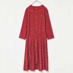 ロングワンピース 長袖　花柄 フレア 赤 レッド　L 派手　フリル　ヴィンテージ