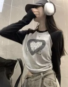 SHEINハート プリント長袖 Tシャツ y2k グレー ブラック ロンT