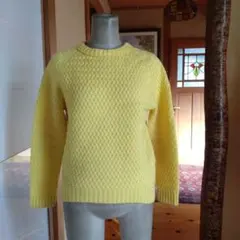 日本製ワールド　INDIVIイエロー編み模様長袖ニットセーター