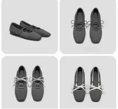 バレエシューズ ニット素材 リボン付き 靴紐３つ