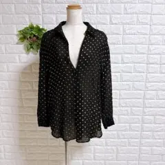 a1171 ザラ　シースルーブラウス黒×ゴールドドット薄手Ｌ襟付シャツゆったり