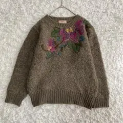 【レトロ】花柄 立体 ウール混 長袖ニット ヴィンテージ M