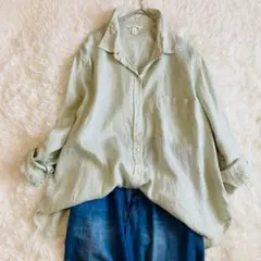 【大きなサイズ】H&M リネン100% オーバーシャツ ライトグリーン XLのサムネイル