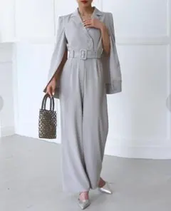 ROYAL PARTY ベルト付きケープ風オールインワン　ライトグレー