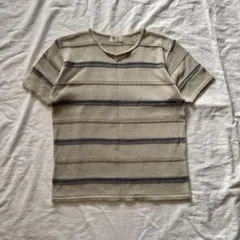 90s vintage 半袖ニット Vネック ベージュと青のストライプ 古着