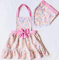 【受注製作】♡フラワー リボン ピンク♡ プリンセス風エプロン 三角巾セット