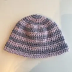 ハンドメイド かぎ針編み クラッシャーハット パープル系 ボーダー