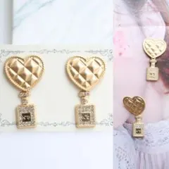 キルティングハートゴールド×キラキラNo.5  香水瓶ピアス シャネルストーン可