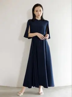 anuans スキッパーネックスリットスリーブフレアワンピース カーキ