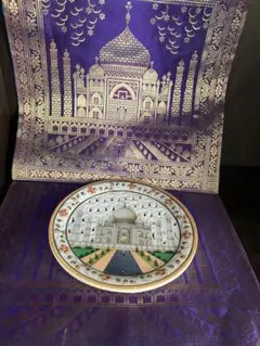 大理石 象嵌細工 インド工芸品 八角形 プレート 螺鈿 寄木細工