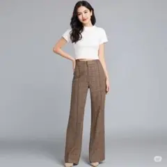 NICE CLAUPブラウン系チェック フレアパンツ ハイウエスト M