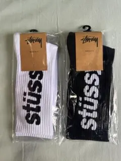 STUSSY ロゴソックス 靴下 2足セット 黒 白 メンズ レディース