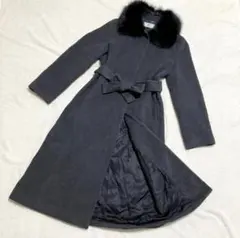 アンゴラ　羊毛　ロングコート　ファー付き　ウエストベルト付　Ａライン　M グレー