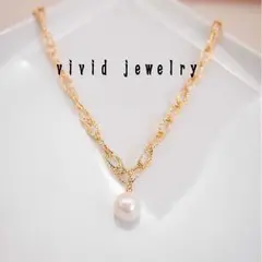 アミアミダブルチェーンの1粒パールネックレス　ステンレス　ゴールド