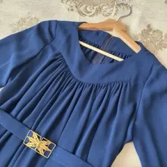 ⭐️レトロ古着　青　ベルト付　ドレープワンピース⭐️昭和　ヴィンテージ 春　ブルー