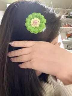 ハンドメイド フラワーモチーフ かぎ針編み ヘアピン｜グリーン