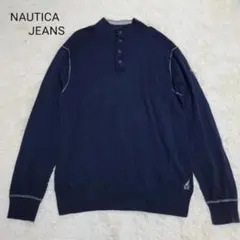 ノーティカジーンズ コットンニット XL ネイビー ヘンリーネック 刺繍ロゴのサムネイル