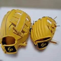 イエロー 軟式グローブ ロゴ付き大人用と子供用2点セットGP−BASEBALL