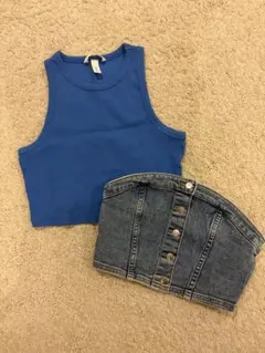 ⭐︎お値下げ中！海外ガールH&M2点！デニムトップ・ブルー タンクトップ セットのサムネイル