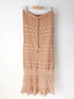USED 古着 くすみピンク シェル 貝 柄 クロシェ かぎ編み ロングスカート