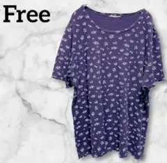 美品✨ネイビー 小花柄半袖Tシャツ【Free】ゆったりサイズ レディース