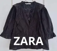 ZARA ザラ　レディース　レース　シャツ　ブラウス　フリル　トップス　ブラック
