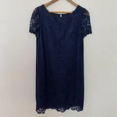 パーティドレス　フォーマル　結婚式　38  レースワンピース　ネイビー　紺　M