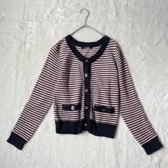 イング ボーダー柄 ニットカーディガン M レトロ ポケット オフィスカジュアル
