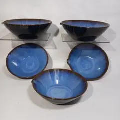 【希少・未使用】南紀御浜窯 御浜焼 片口型 小鉢 5客セット 均窯釉 海鼠釉 青