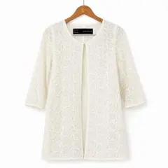 ZARA BASIC ホワイトレースノーカラー ジャケットロングカーディガン Sのサムネイル