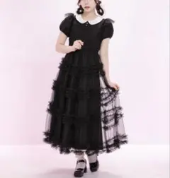 ワンピース チュールドッキングフリルワンピース　ブラック　M