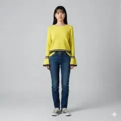 as know as... イエロー ベルスリーブ セーター ネイビーライン F