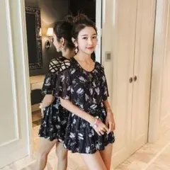 水着 レディース 体型カバー ワンピース フィットネス ブラック 黒 新品 韓国