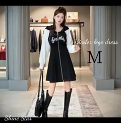 バイカラーロゴワンピース М 新品未使用 刺繍 フード ミニ ホワイト ブラック