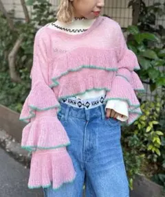 【HELLO.SANFRANCISCO】シアー配色フリルレースアップニット