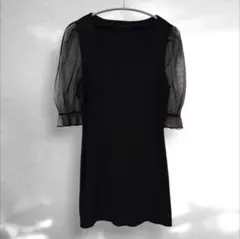 DAZY コントラスト メッシュ ワンピース ブラック L 半袖 スクエアネック